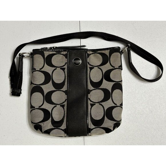 COACH‎ Crossbody Bag Purse Black Gray Signature Canvas Leather Trim Small - Picture 1 of 6